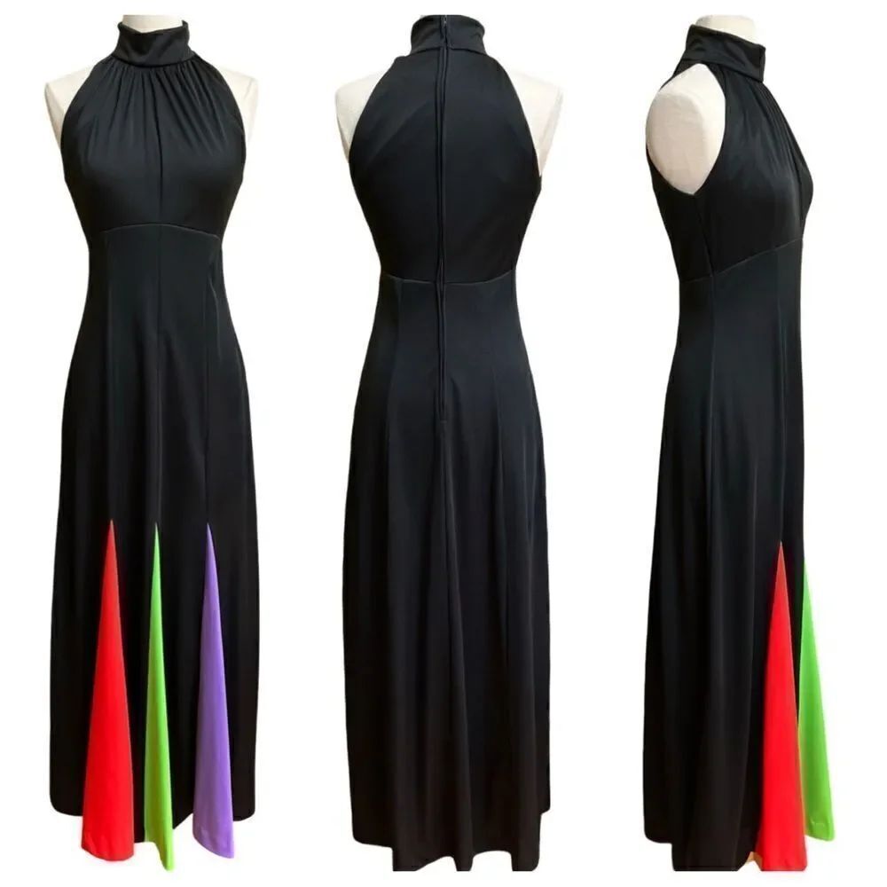 Rare True Vintage 1970s Peekaboo Pleated Rainbow Halter Mock Neck Disco Dress